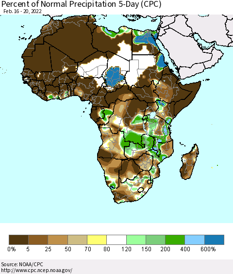 Africa Percent of Normal Precipitation 5-Day (CPC) Thematic Map For 2/16/2022 - 2/20/2022