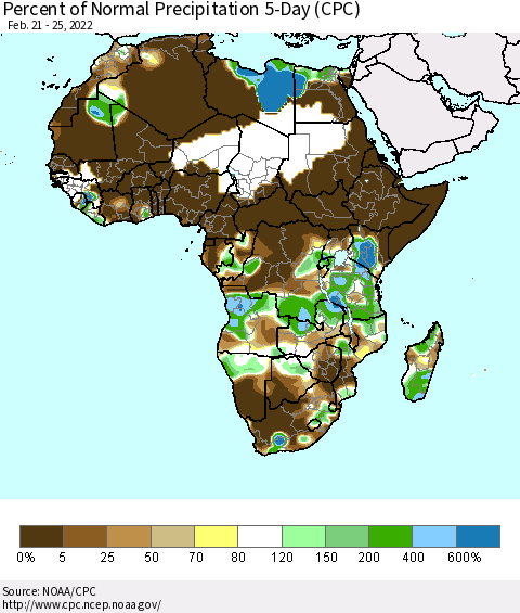 Africa Percent of Normal Precipitation 5-Day (CPC) Thematic Map For 2/21/2022 - 2/25/2022