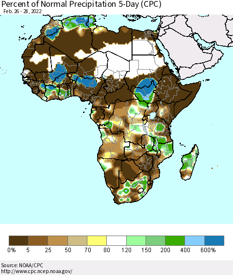 Africa Percent of Normal Precipitation 5-Day (CPC) Thematic Map For 2/26/2022 - 2/28/2022