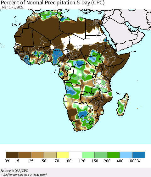 Africa Percent of Normal Precipitation 5-Day (CPC) Thematic Map For 3/1/2022 - 3/5/2022
