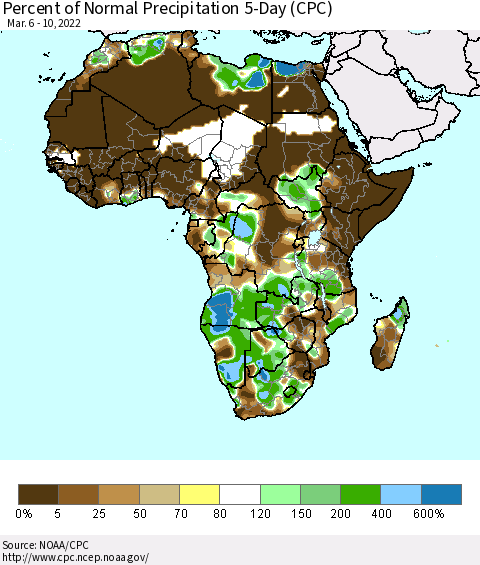 Africa Percent of Normal Precipitation 5-Day (CPC) Thematic Map For 3/6/2022 - 3/10/2022