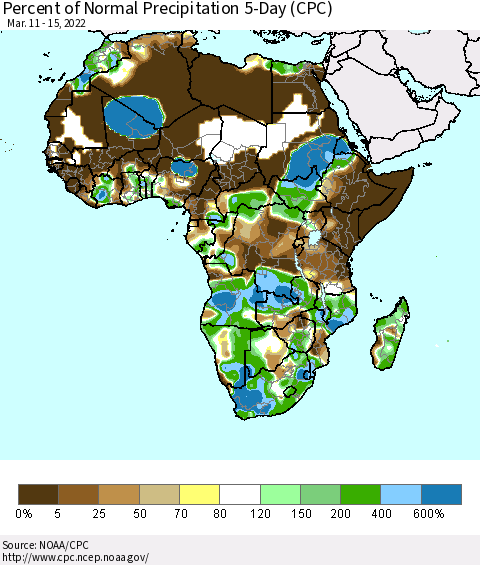 Africa Percent of Normal Precipitation 5-Day (CPC) Thematic Map For 3/11/2022 - 3/15/2022