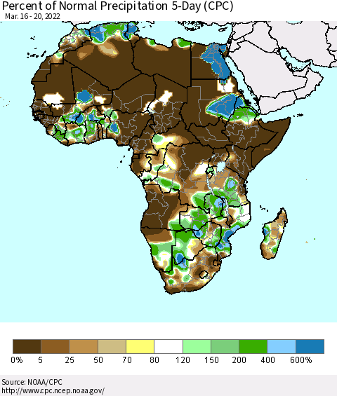 Africa Percent of Normal Precipitation 5-Day (CPC) Thematic Map For 3/16/2022 - 3/20/2022