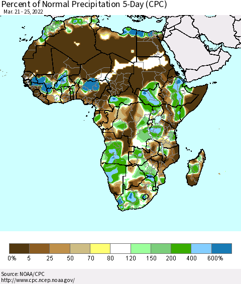 Africa Percent of Normal Precipitation 5-Day (CPC) Thematic Map For 3/21/2022 - 3/25/2022