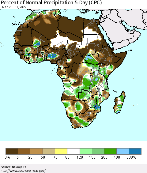 Africa Percent of Normal Precipitation 5-Day (CPC) Thematic Map For 3/26/2022 - 3/31/2022