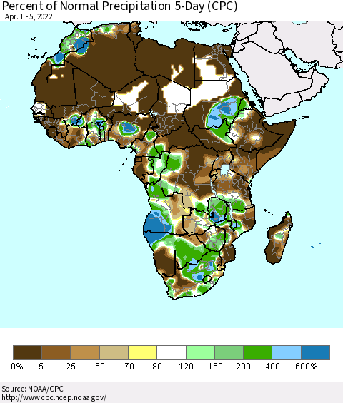 Africa Percent of Normal Precipitation 5-Day (CPC) Thematic Map For 4/1/2022 - 4/5/2022