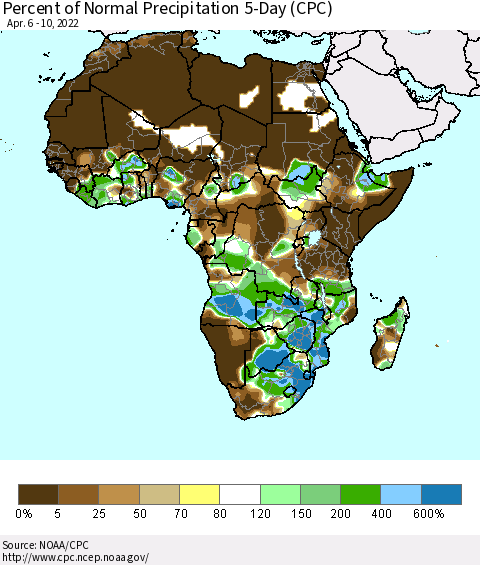 Africa Percent of Normal Precipitation 5-Day (CPC) Thematic Map For 4/6/2022 - 4/10/2022