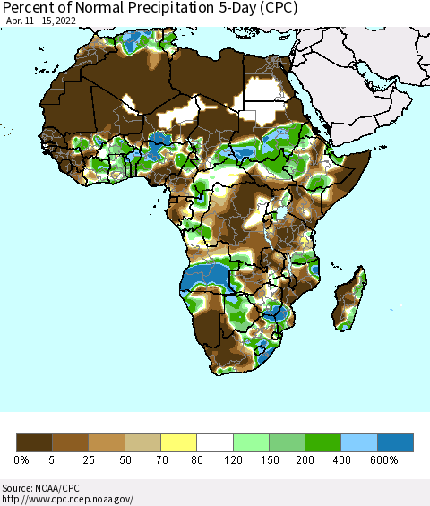 Africa Percent of Normal Precipitation 5-Day (CPC) Thematic Map For 4/11/2022 - 4/15/2022