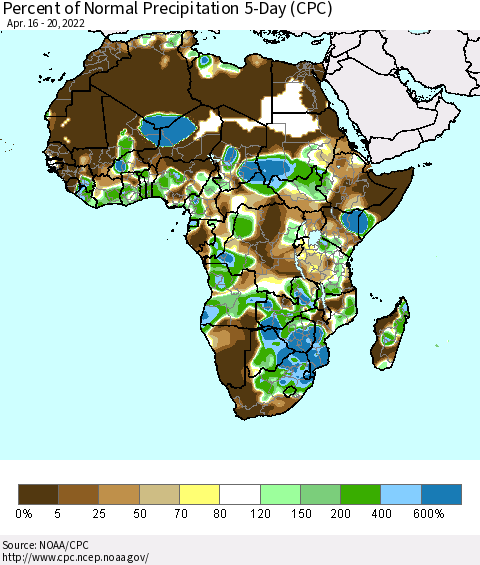 Africa Percent of Normal Precipitation 5-Day (CPC) Thematic Map For 4/16/2022 - 4/20/2022