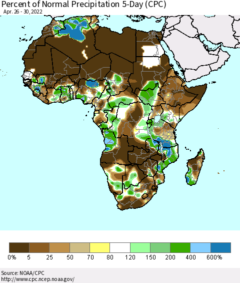 Africa Percent of Normal Precipitation 5-Day (CPC) Thematic Map For 4/26/2022 - 4/30/2022