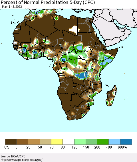 Africa Percent of Normal Precipitation 5-Day (CPC) Thematic Map For 5/1/2022 - 5/5/2022