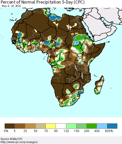 Africa Percent of Normal Precipitation 5-Day (CPC) Thematic Map For 5/6/2022 - 5/10/2022