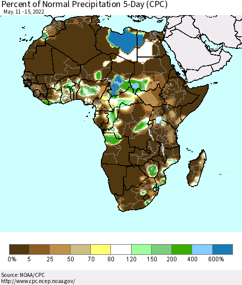 Africa Percent of Normal Precipitation 5-Day (CPC) Thematic Map For 5/11/2022 - 5/15/2022