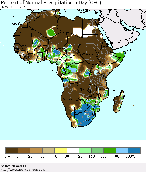 Africa Percent of Normal Precipitation 5-Day (CPC) Thematic Map For 5/16/2022 - 5/20/2022