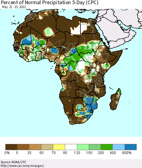 Africa Percent of Normal Precipitation 5-Day (CPC) Thematic Map For 5/21/2022 - 5/25/2022