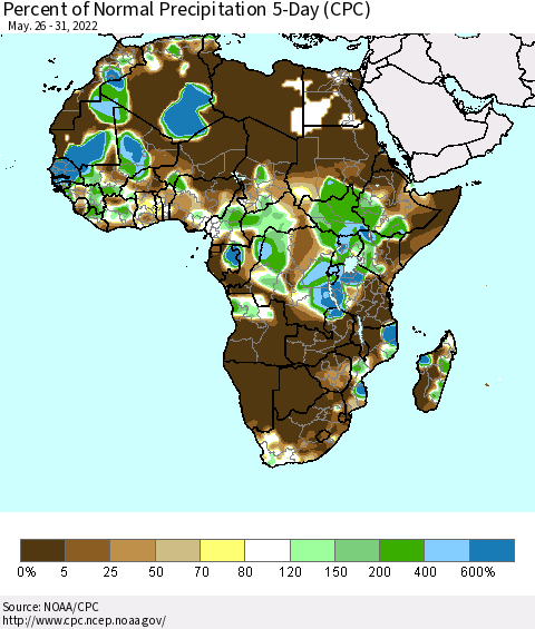 Africa Percent of Normal Precipitation 5-Day (CPC) Thematic Map For 5/26/2022 - 5/31/2022