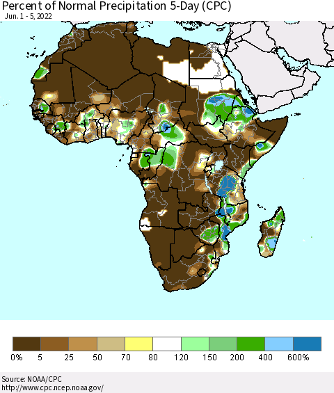 Africa Percent of Normal Precipitation 5-Day (CPC) Thematic Map For 6/1/2022 - 6/5/2022