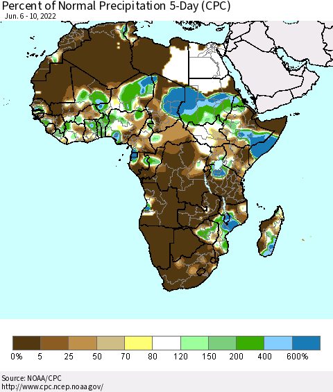 Africa Percent of Normal Precipitation 5-Day (CPC) Thematic Map For 6/6/2022 - 6/10/2022