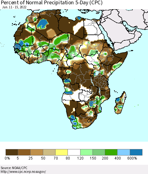 Africa Percent of Normal Precipitation 5-Day (CPC) Thematic Map For 6/11/2022 - 6/15/2022