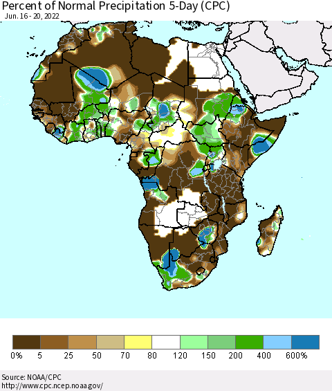 Africa Percent of Normal Precipitation 5-Day (CPC) Thematic Map For 6/16/2022 - 6/20/2022