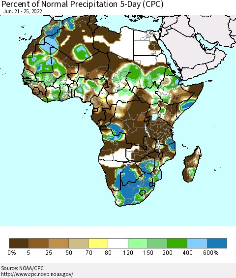 Africa Percent of Normal Precipitation 5-Day (CPC) Thematic Map For 6/21/2022 - 6/25/2022