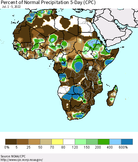 Africa Percent of Normal Precipitation 5-Day (CPC) Thematic Map For 7/1/2022 - 7/5/2022