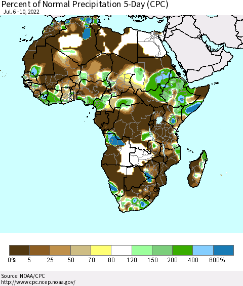 Africa Percent of Normal Precipitation 5-Day (CPC) Thematic Map For 7/6/2022 - 7/10/2022