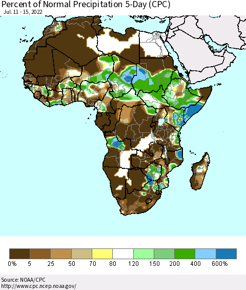 Africa Percent of Normal Precipitation 5-Day (CPC) Thematic Map For 7/11/2022 - 7/15/2022