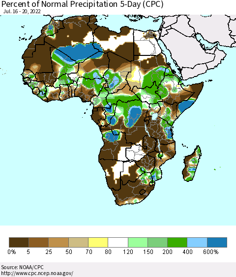 Africa Percent of Normal Precipitation 5-Day (CPC) Thematic Map For 7/16/2022 - 7/20/2022