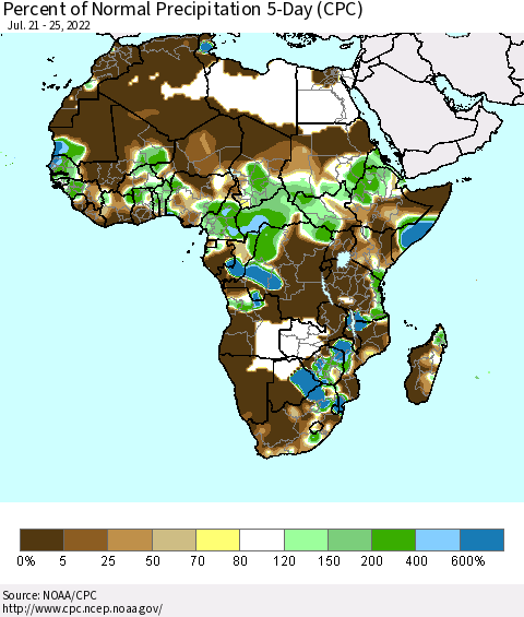 Africa Percent of Normal Precipitation 5-Day (CPC) Thematic Map For 7/21/2022 - 7/25/2022