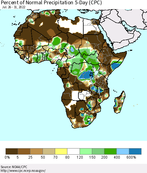 Africa Percent of Normal Precipitation 5-Day (CPC) Thematic Map For 7/26/2022 - 7/31/2022