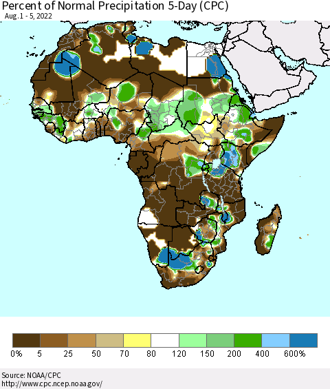 Africa Percent of Normal Precipitation 5-Day (CPC) Thematic Map For 8/1/2022 - 8/5/2022