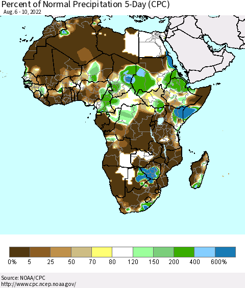 Africa Percent of Normal Precipitation 5-Day (CPC) Thematic Map For 8/6/2022 - 8/10/2022