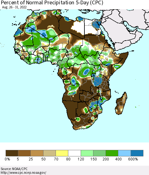 Africa Percent of Normal Precipitation 5-Day (CPC) Thematic Map For 8/26/2022 - 8/31/2022