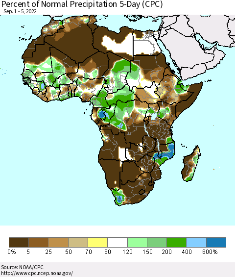 Africa Percent of Normal Precipitation 5-Day (CPC) Thematic Map For 9/1/2022 - 9/5/2022
