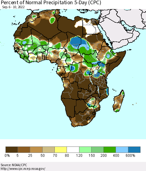 Africa Percent of Normal Precipitation 5-Day (CPC) Thematic Map For 9/6/2022 - 9/10/2022