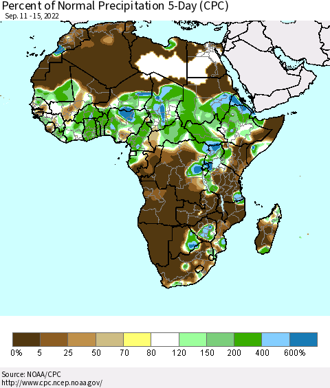 Africa Percent of Normal Precipitation 5-Day (CPC) Thematic Map For 9/11/2022 - 9/15/2022