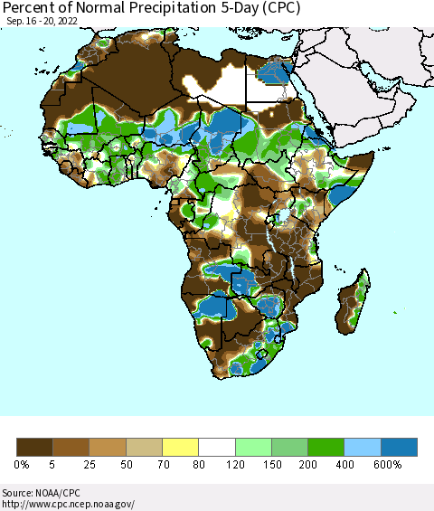 Africa Percent of Normal Precipitation 5-Day (CPC) Thematic Map For 9/16/2022 - 9/20/2022