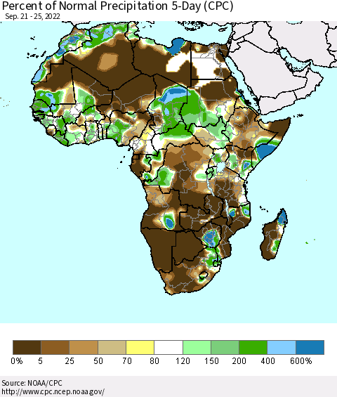 Africa Percent of Normal Precipitation 5-Day (CPC) Thematic Map For 9/21/2022 - 9/25/2022