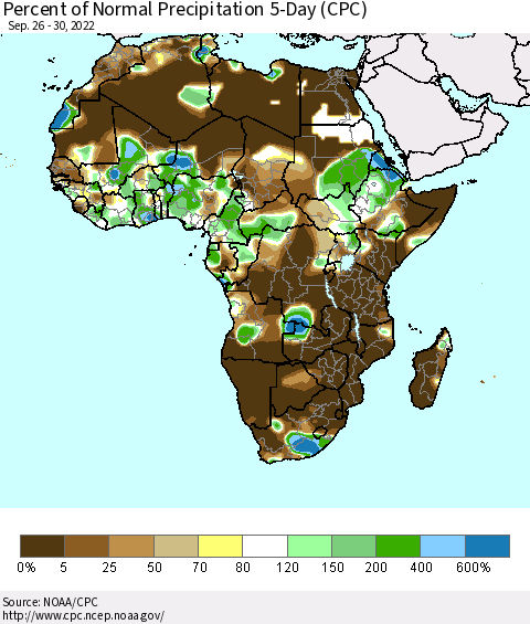 Africa Percent of Normal Precipitation 5-Day (CPC) Thematic Map For 9/26/2022 - 9/30/2022
