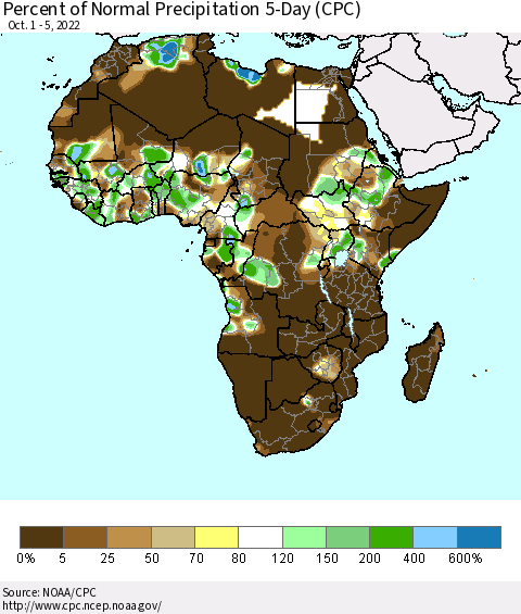Africa Percent of Normal Precipitation 5-Day (CPC) Thematic Map For 10/1/2022 - 10/5/2022