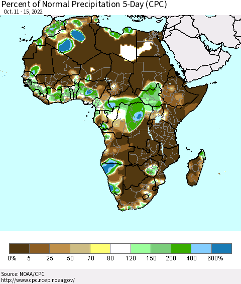 Africa Percent of Normal Precipitation 5-Day (CPC) Thematic Map For 10/11/2022 - 10/15/2022