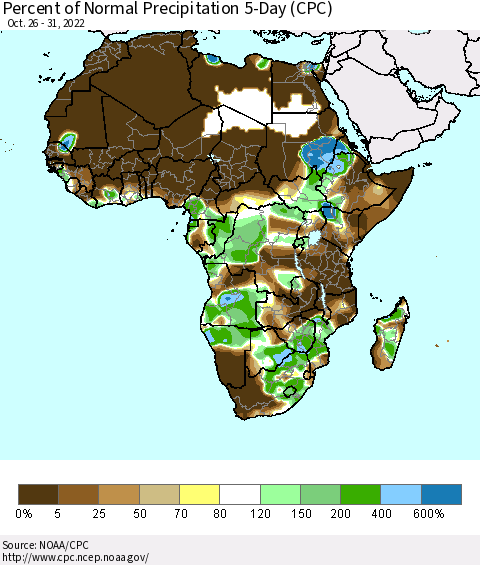 Africa Percent of Normal Precipitation 5-Day (CPC) Thematic Map For 10/26/2022 - 10/31/2022