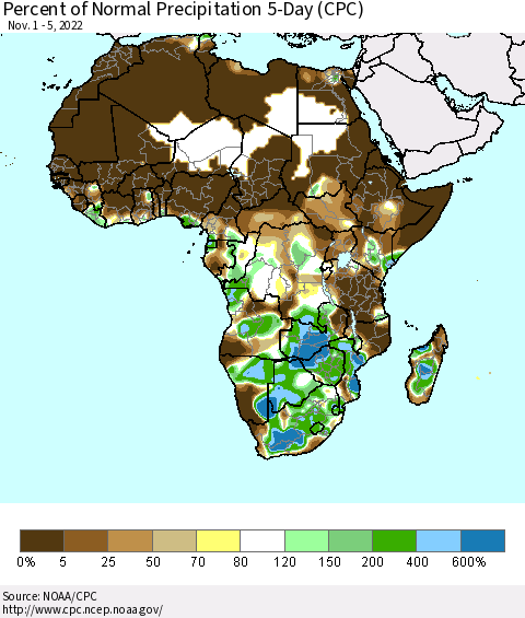Africa Percent of Normal Precipitation 5-Day (CPC) Thematic Map For 11/1/2022 - 11/5/2022