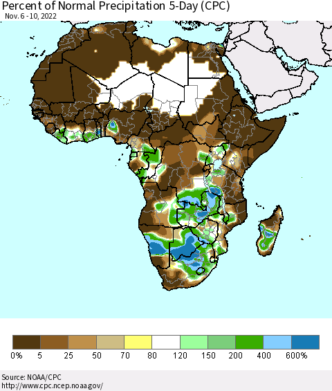 Africa Percent of Normal Precipitation 5-Day (CPC) Thematic Map For 11/6/2022 - 11/10/2022