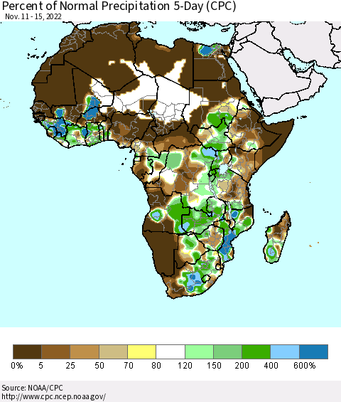 Africa Percent of Normal Precipitation 5-Day (CPC) Thematic Map For 11/11/2022 - 11/15/2022