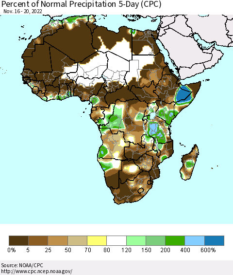 Africa Percent of Normal Precipitation 5-Day (CPC) Thematic Map For 11/16/2022 - 11/20/2022