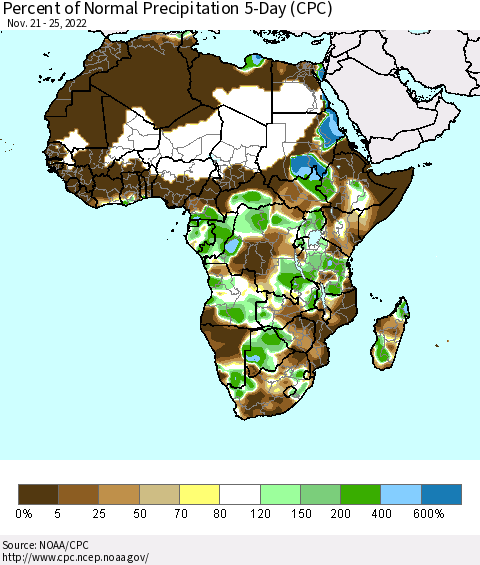 Africa Percent of Normal Precipitation 5-Day (CPC) Thematic Map For 11/21/2022 - 11/25/2022