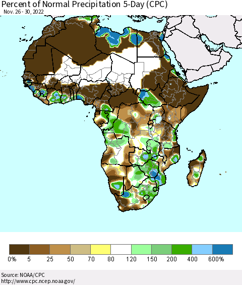 Africa Percent of Normal Precipitation 5-Day (CPC) Thematic Map For 11/26/2022 - 11/30/2022