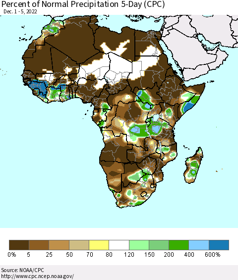 Africa Percent of Normal Precipitation 5-Day (CPC) Thematic Map For 12/1/2022 - 12/5/2022